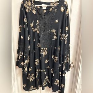 Starling Reine black floral babydoll dress w/peekaboo bodice, bell sleeves